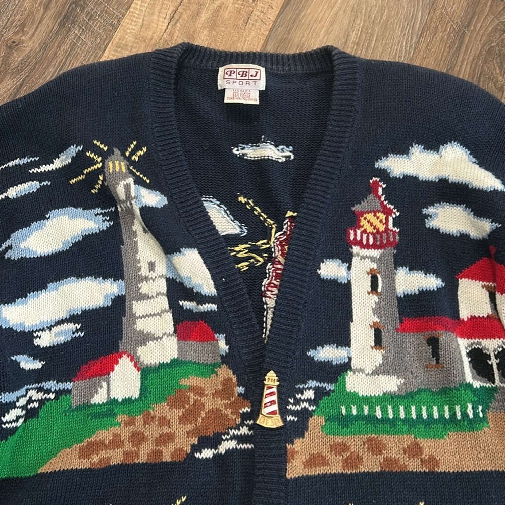 Vintage PBJ Sport Navy Blue Lighthouse Nautical Novelty Cardigan Size Large - Picture 7 of 16